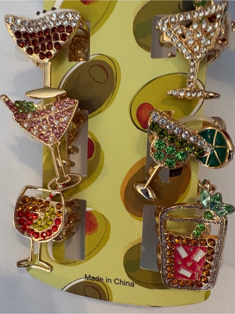 Piper.K Rhinestone Cocktail & Martini Mini Hair Clips Set of 6 Goldtone New